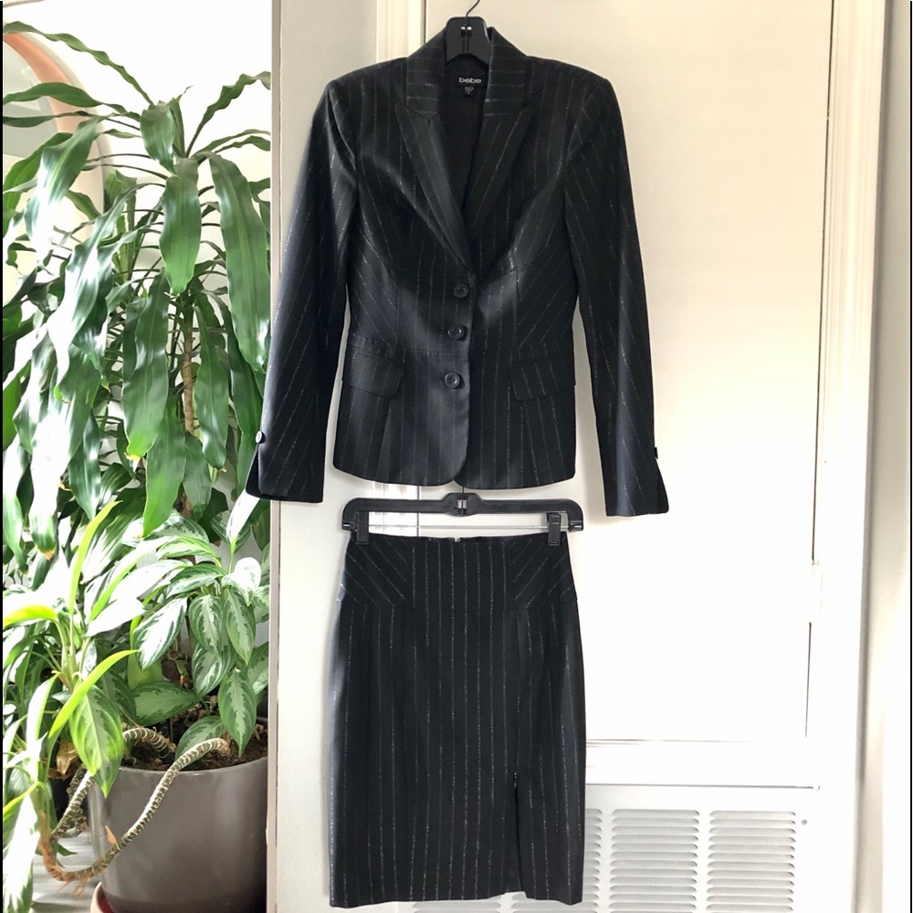 Bebe Pinstripes pattern Brazer and Matching Skirt.